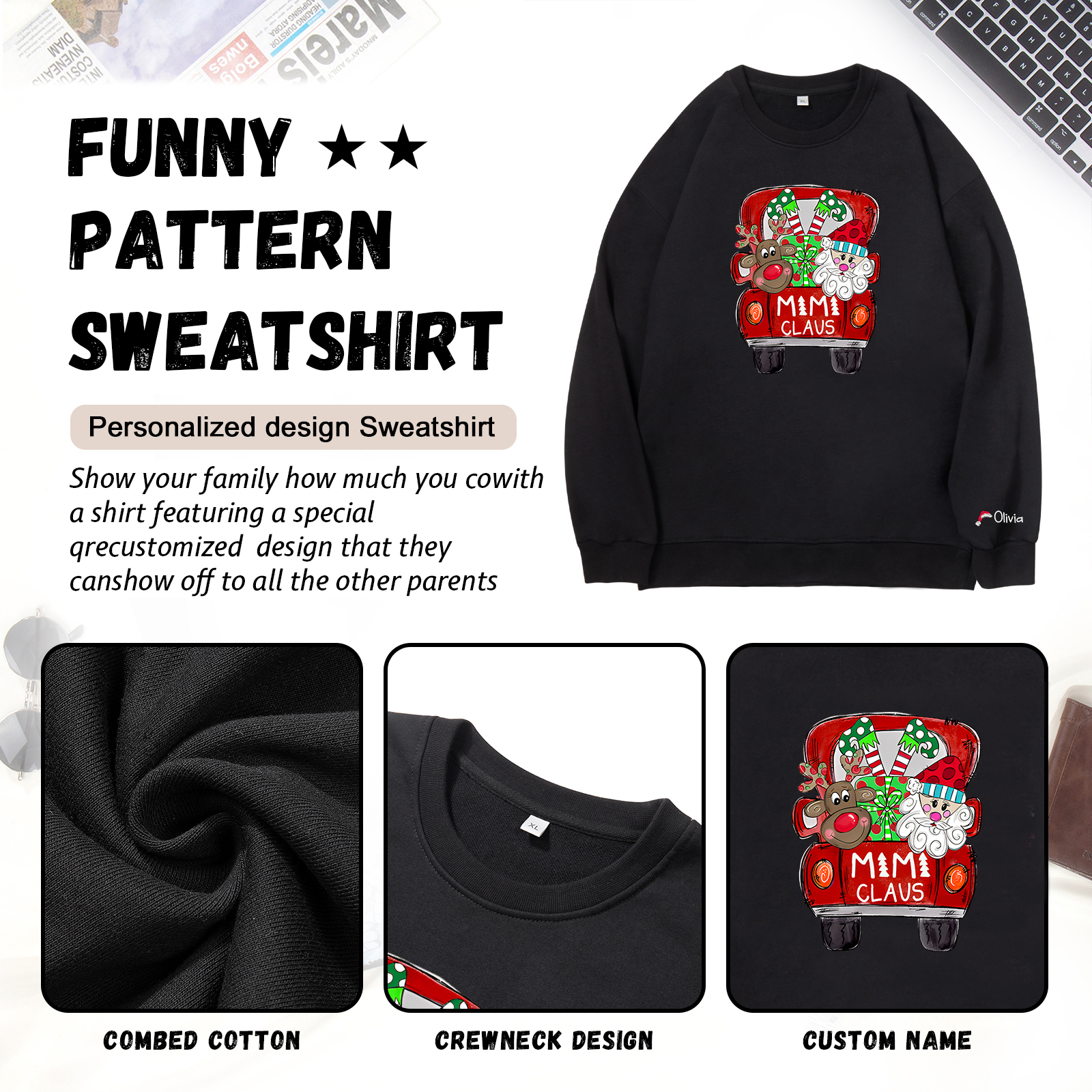 1 Name - Personalised Christmas Sweatshirt Custom Name & Text Sweatshirt Mimi Claus Sweatshirt Gift for Family -Jessemade AU