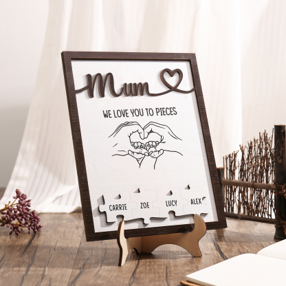 Personalised Puzzle Pieces Wooden Plaque Custom 4 Names & Text & Salutation Holding Hands Family Wooden Sign With Stand Gifts for Mum-Jessemade AU