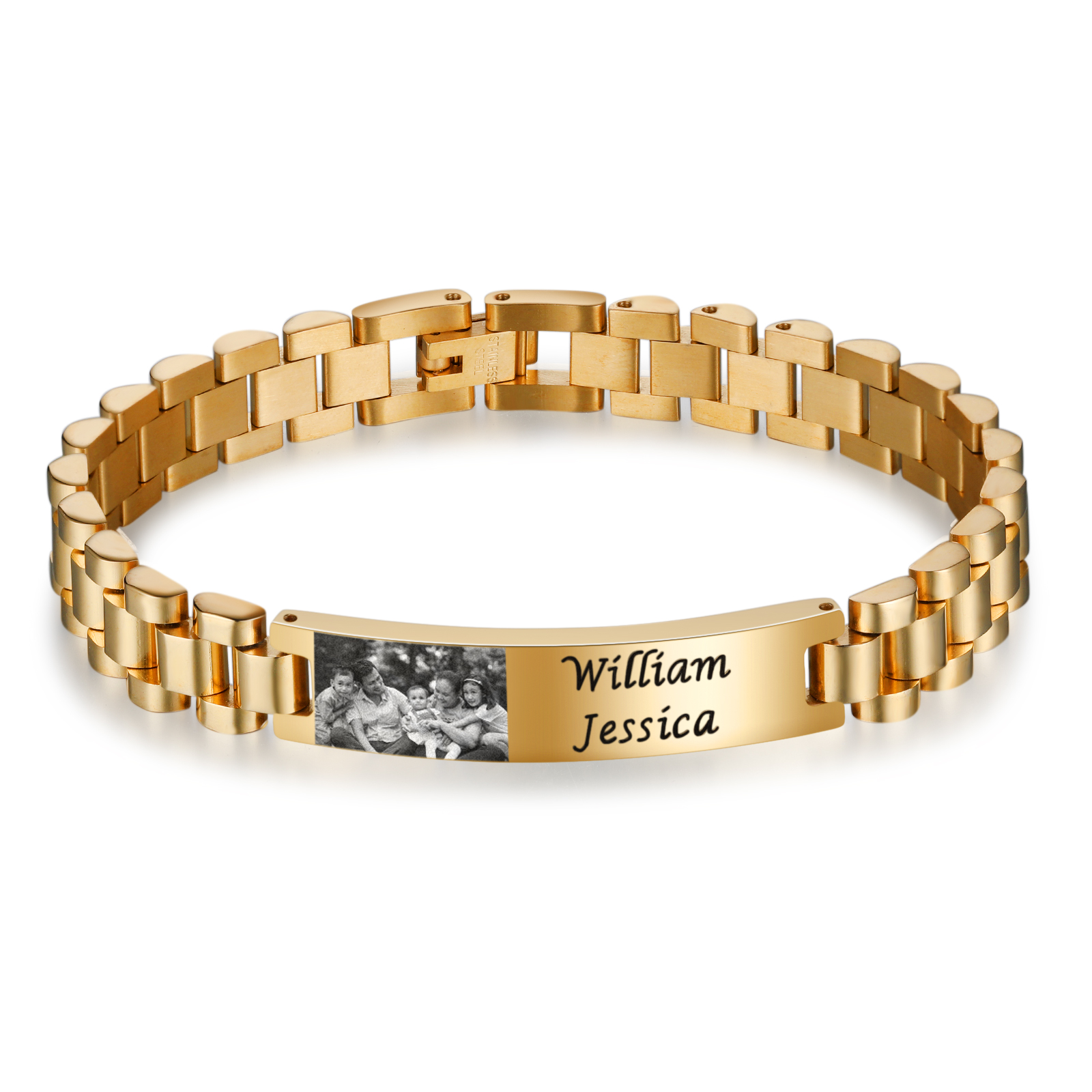 Personalised ID Bar Bracelet Customised with 2 Names & 1 Photo Bracelet Gold Bracelet Father's Day Gift-Jessemade AU