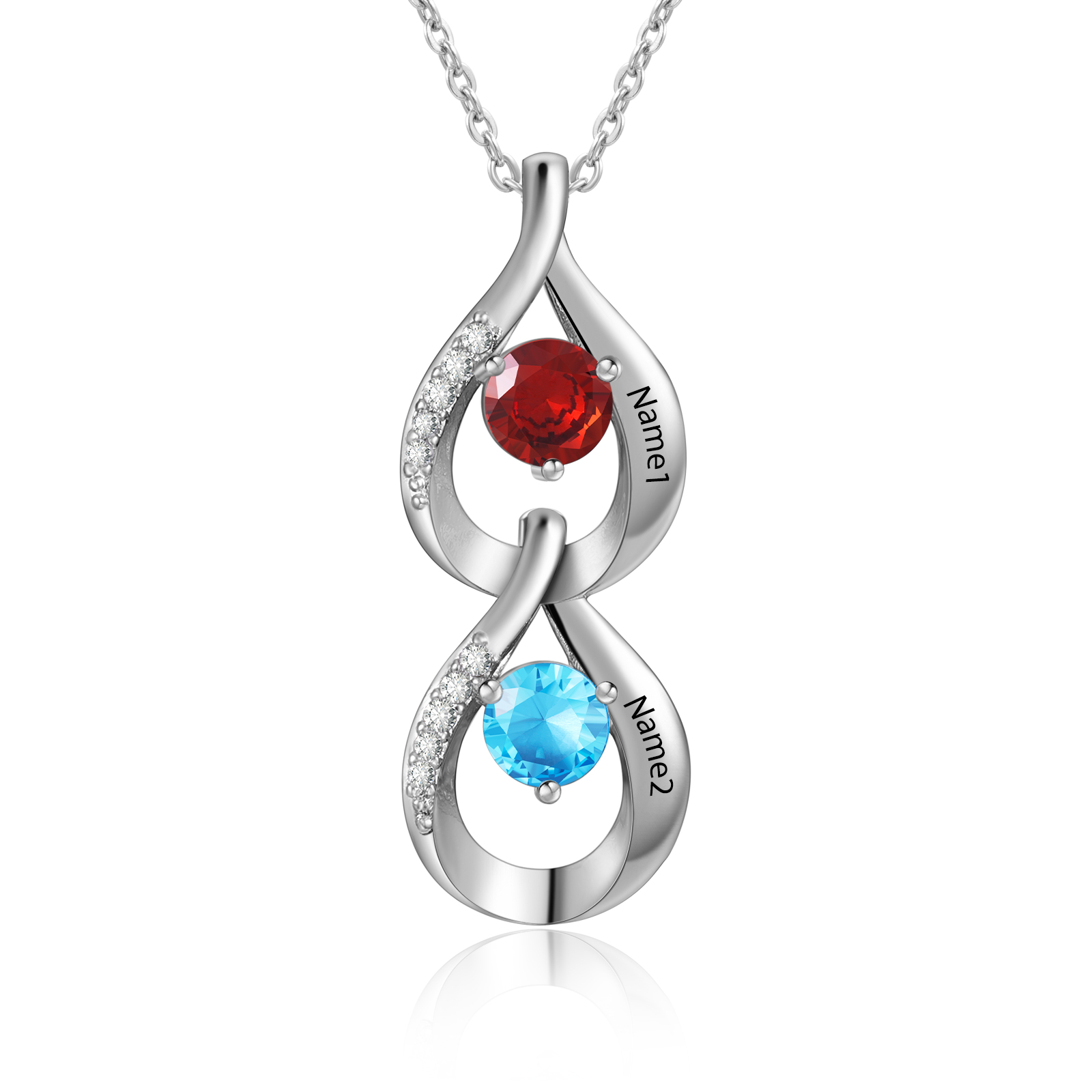 Personalised Teardrop Pendant Necklace Custom 2 Birthstones & 2 Names Necklace