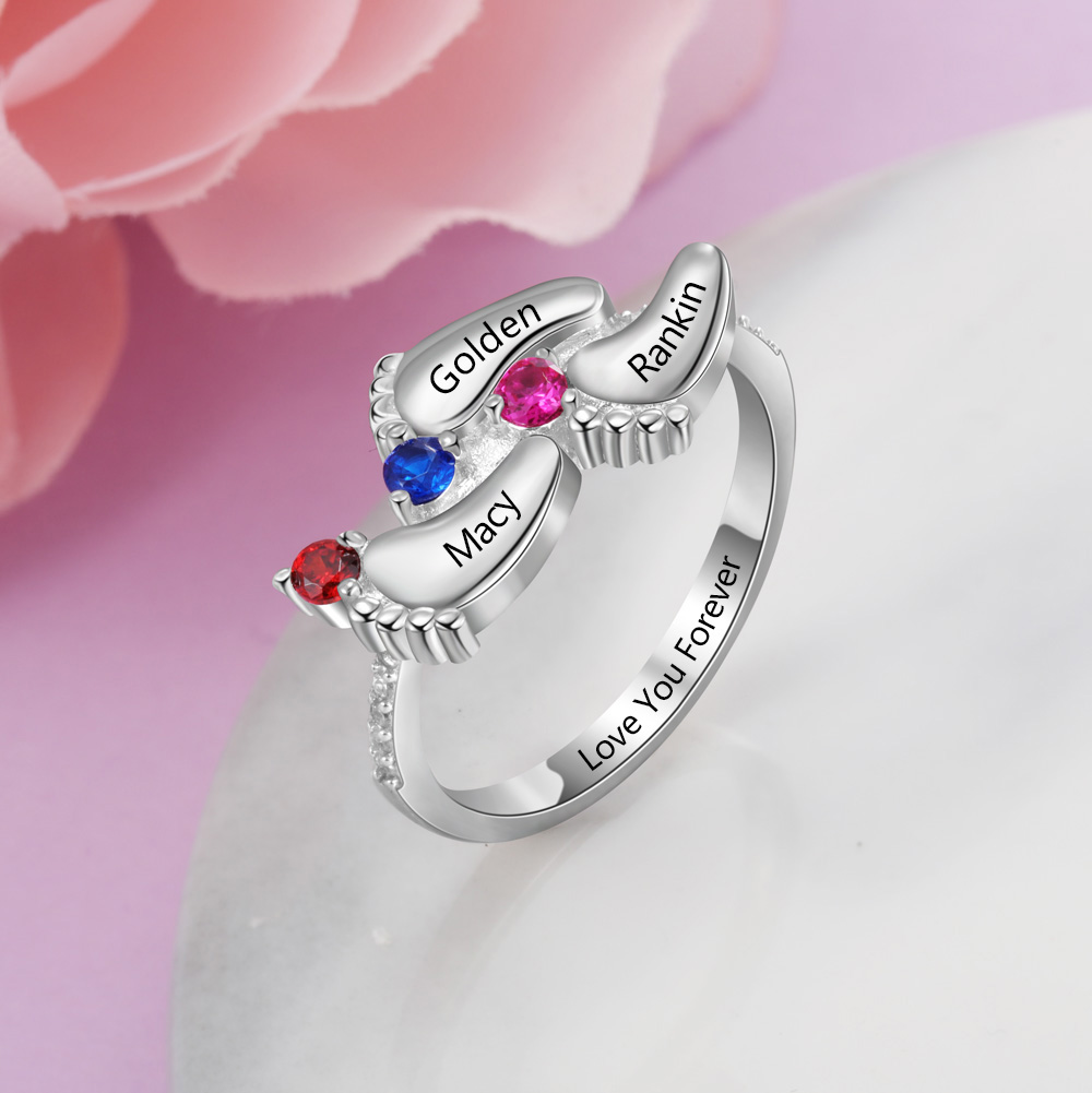 Personalised Baby Foot Ring With 3 Birthstones Engraved Names Ring Gift For Women-Jessemade AU