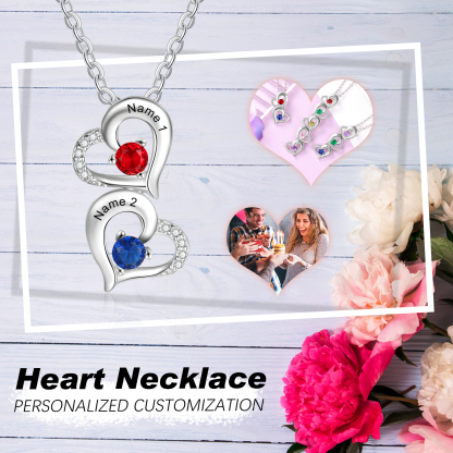 Personalised Heart Necklace With 2 Birthstones Engraved Names Gift For Her-Jessemade AU
