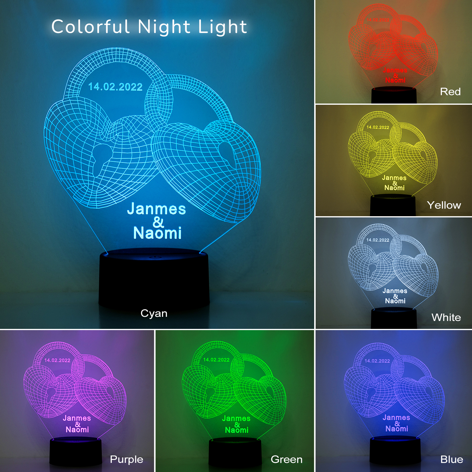 Custom 3D Love Lock Night Light With Name LED Lamp Gifts For Couple-Jessemade AU