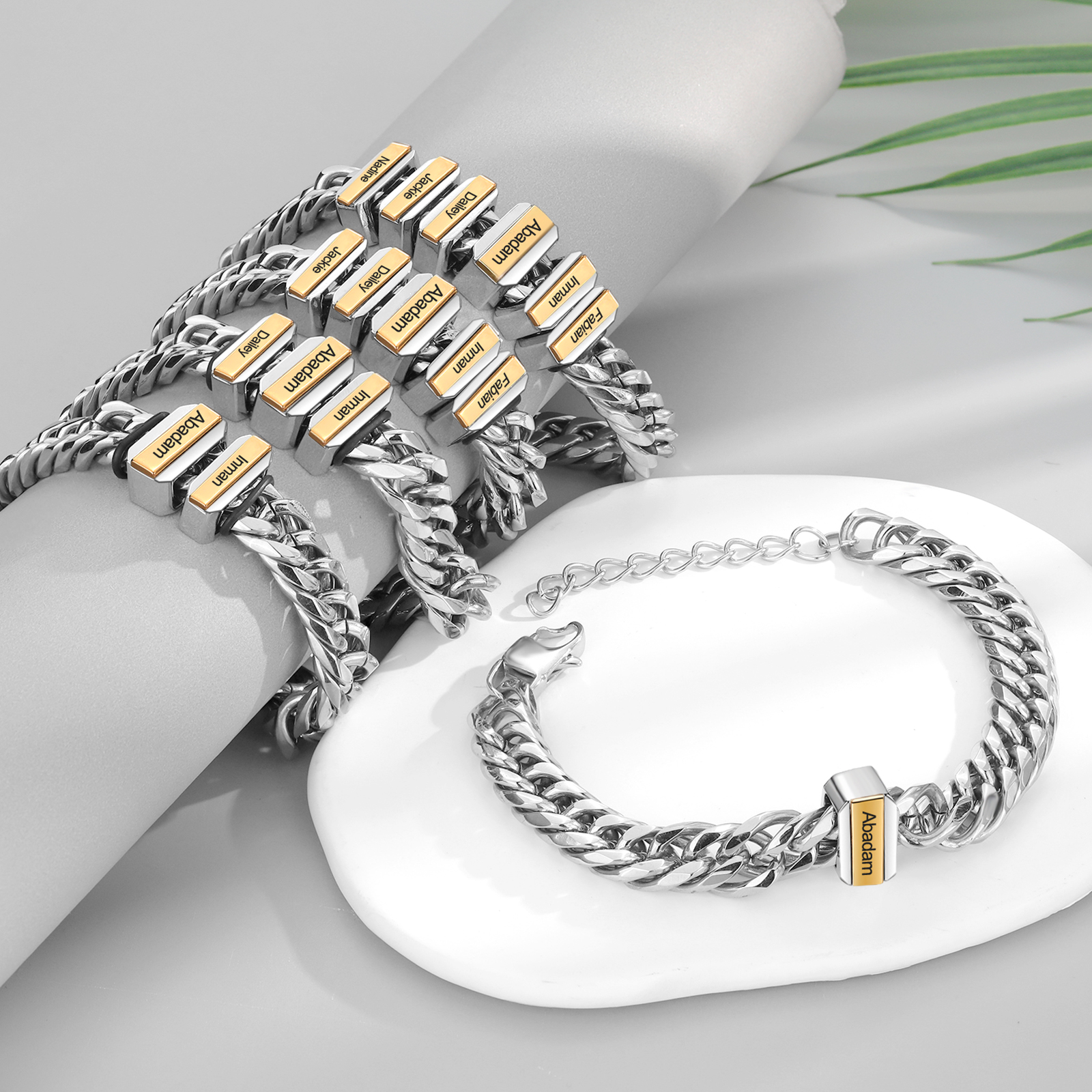 Personalised Mens Cuban Link Chain Bracelet Engraved Name 1 Bead Father's Day Gift