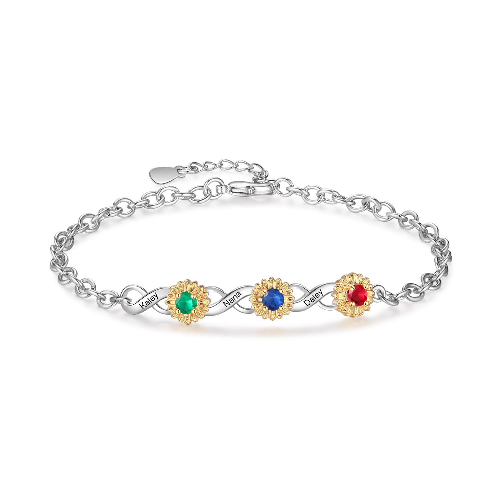 Personalised Women's Bracelet Custom 3 Birthstones & 3 Names Infinity Bracelet Birthday Gift for Her