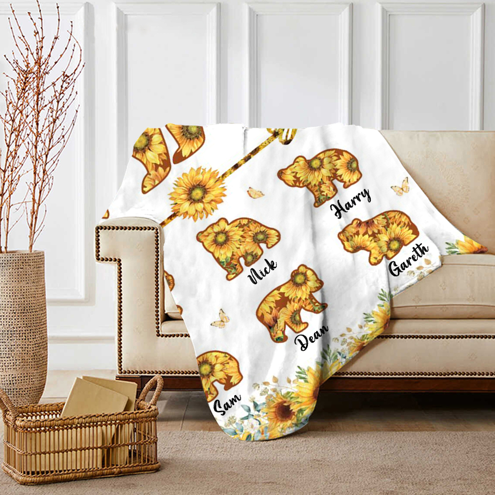 Personalised 6 Names Blanket Sunflowers Bears Family Blanket Mother's Day Gift for Mama-Jessemade AU