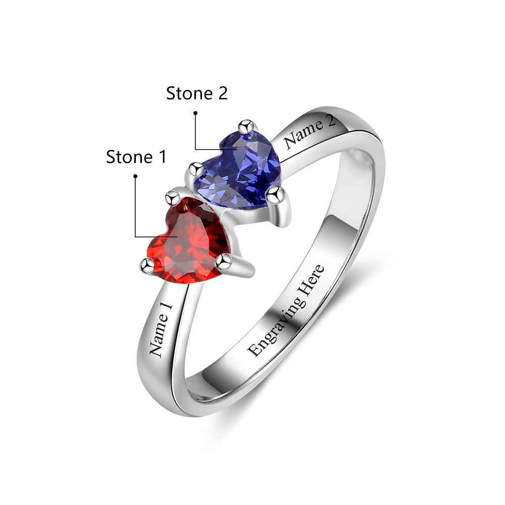 S925 Silver Ring Personalised 2 Birthstones Mothers Ring With Names Gifts For Her-Jessemade AU