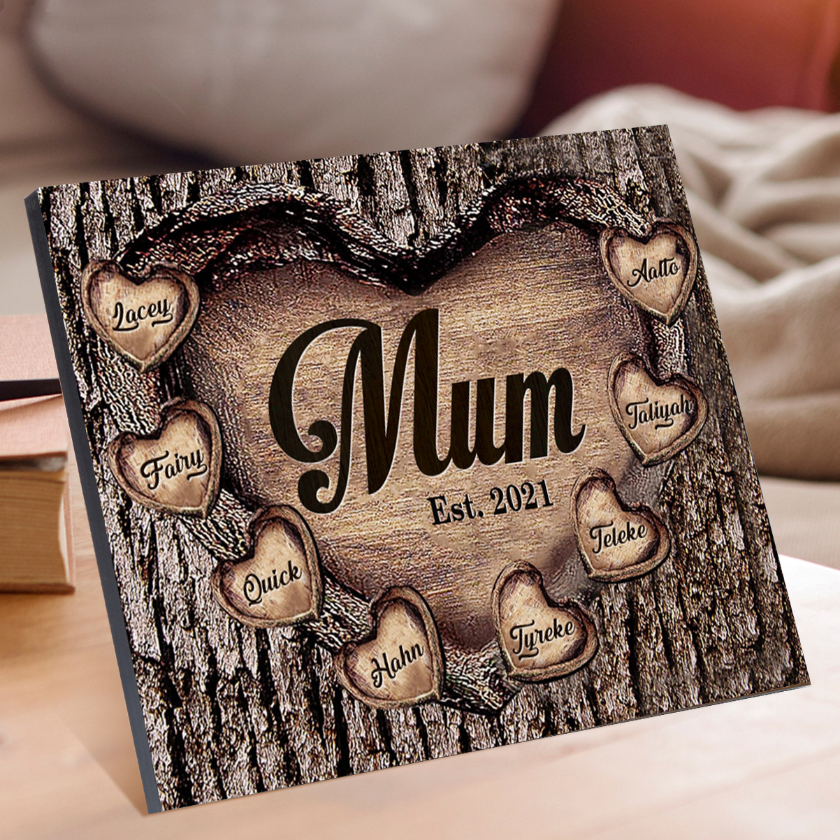 8 Names - Personalised Mum Wooden Plaque Custom Date & Names Home Decoration Hearts Gift for Mother-Jessemade AU