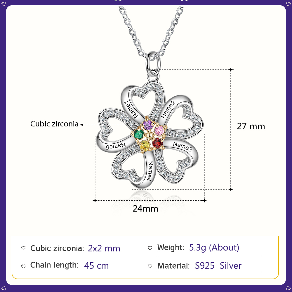 Personalised Heart Necklace With 5 Birthstones Engraved Names Gift For Women-Jessemade AU
