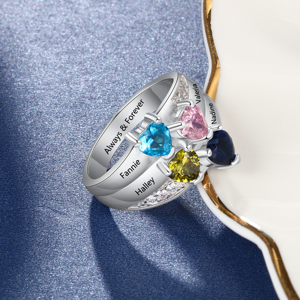 S925 Silver Ring Personalised 4 Birthstones Mothers Ring With Names Gifts For Her-Jessemade AU
