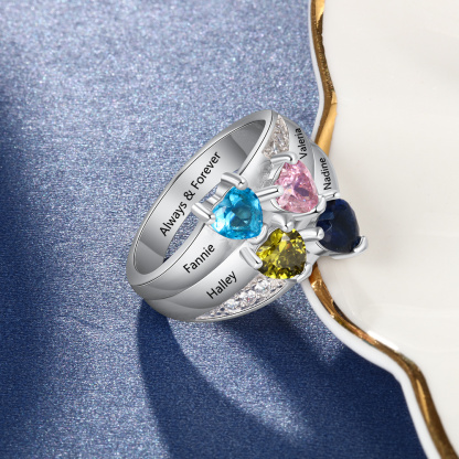 S925 Silver Ring Personalised 4 Birthstones Mothers Ring With Names Gifts For Her-Jessemade AU