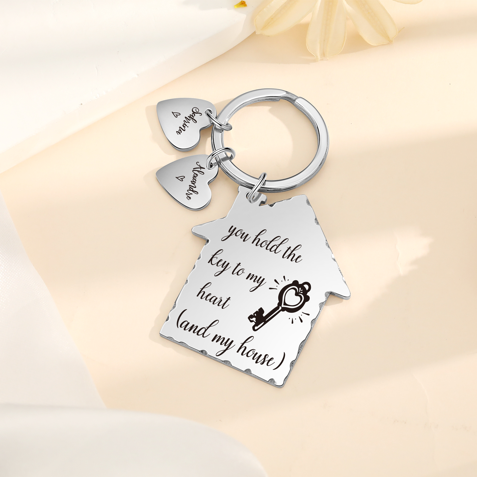 House-Shaped Keychain Customised with 2 Names Keyring Stainless Steel Personalised Gift for Couples-Jessemade AU