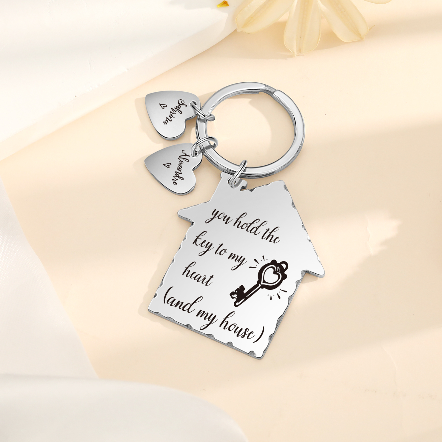 House-Shaped Keychain Customised with 2 Names Keyring Stainless Steel Personalised Gift for Couples-Jessemade AU