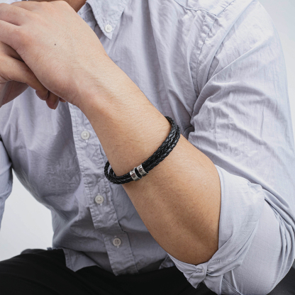 Leather Braided Bracelet Men Bracelets Personalised 2 Names 2 Beads Gift For Dad-Jessemade AU