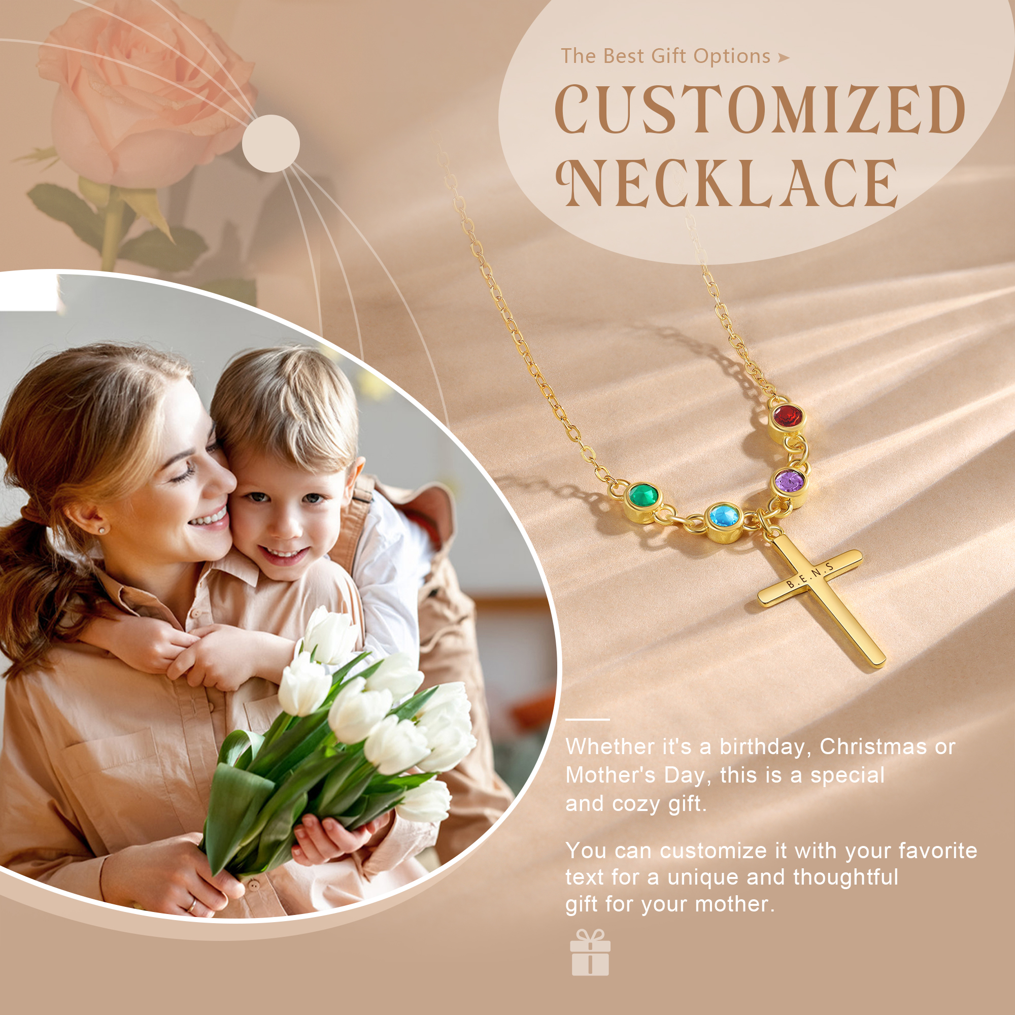 Personalised Cross Pendant Necklace Custom 4 Birthstones & 1 Text Necklace Birthday Gift for Her-Jessemade AU