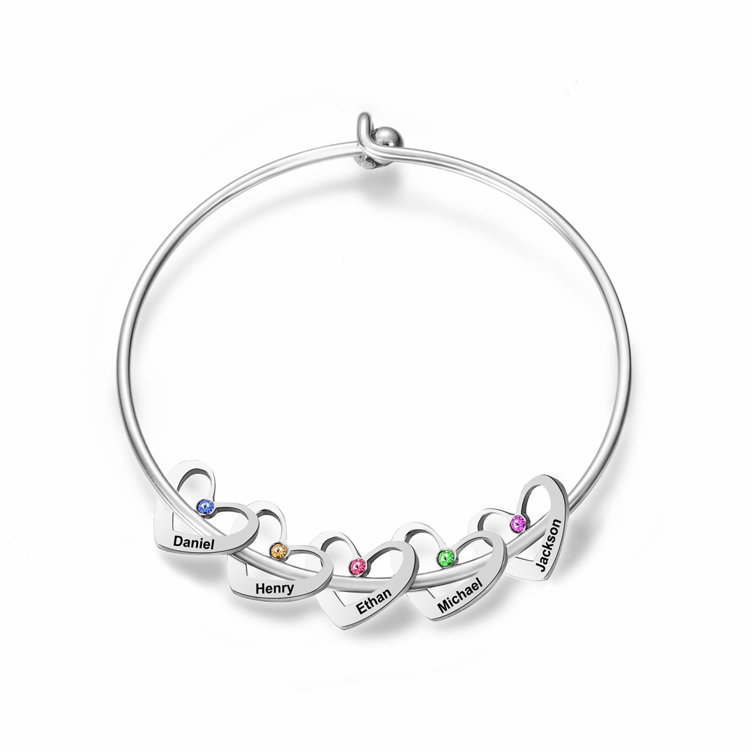 Personalised Heart Bangle With 5 Names and Birthstones Bangle Bracelet Mother's Day Gifts For women-Jessemade AU