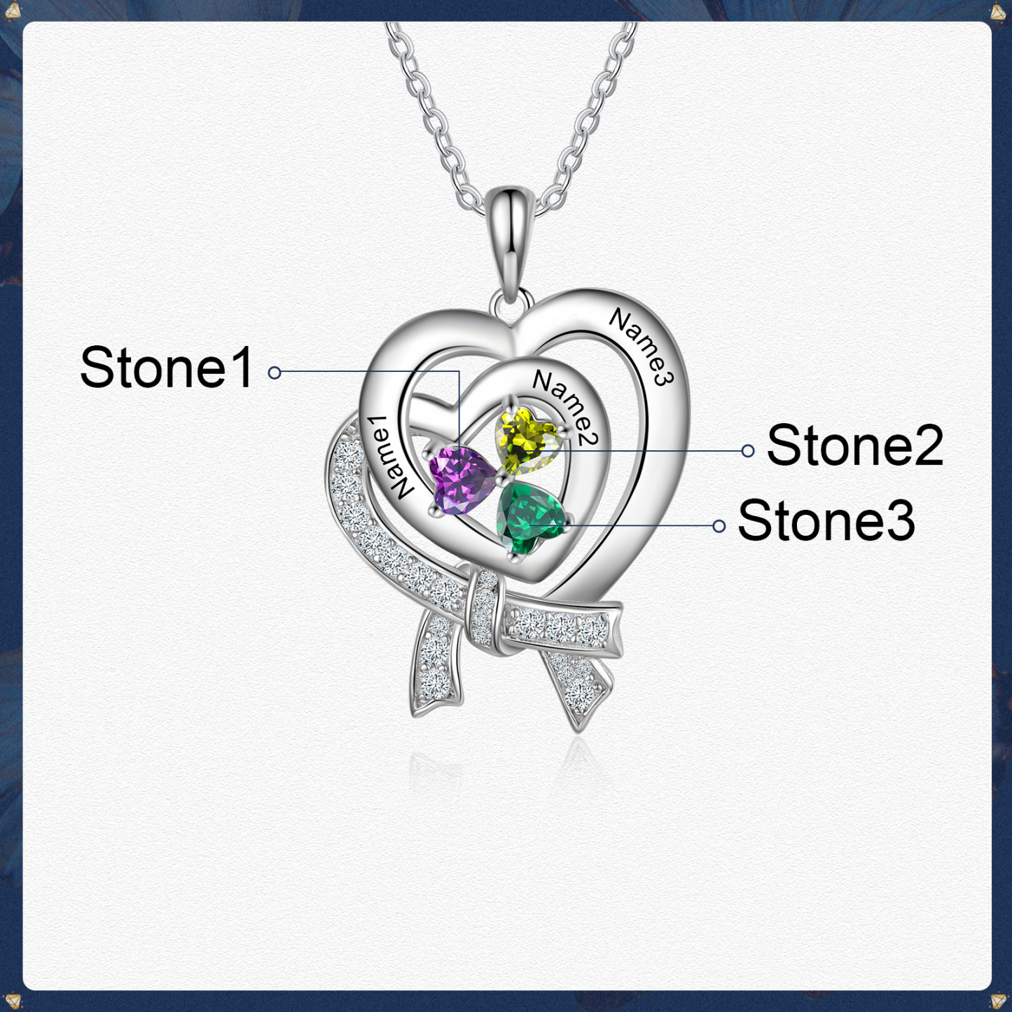 Personalised Heart Necklace With 3 Birthstones Custom Names Best Gift For Women-Jessemade AU