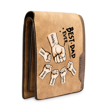 Best Dad Ever - Custom 6 Names & 1 Text Billfold Wallet Personalised Fist Bump Men's Leather Wallet