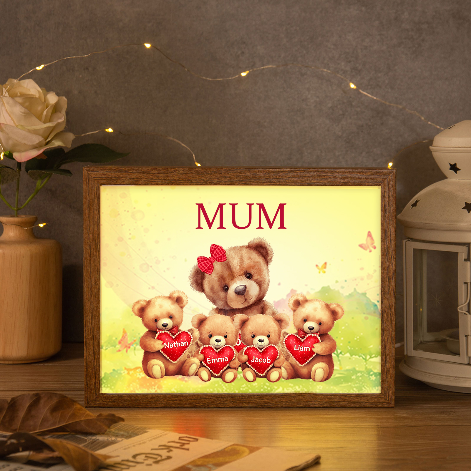 Personalised Frame Night Light Custom 1 Text  & 4 Names Teddy Bears Family Ornament Gifts for Mother/Grandma-Jessemade AU