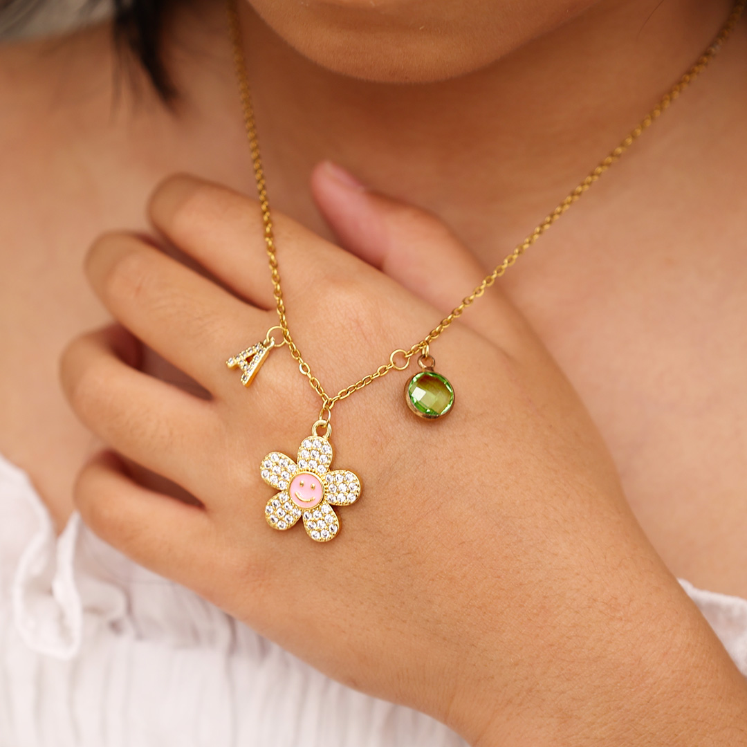 Personalised Smile and Flower Necklace Custom Birthstone and Initial Kid's Necklace-Jessemade AU