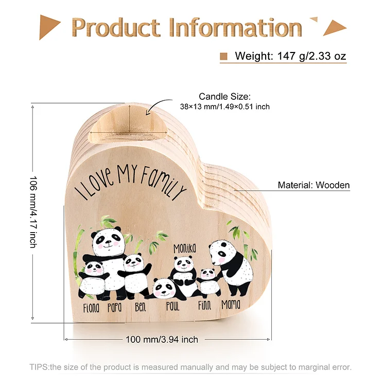 Family Panda Heart Candle Holder Personalised Wooden Candlestick Custom 7 Names-Jessemade AU