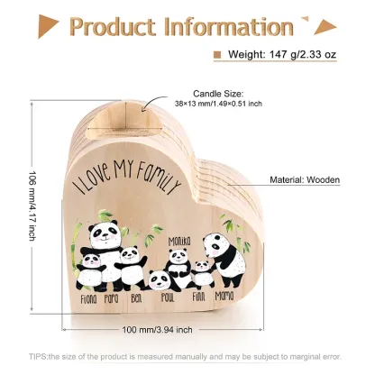 Family Panda Heart Candle Holder Personalised Wooden Candlestick Custom 7 Names-Jessemade AU