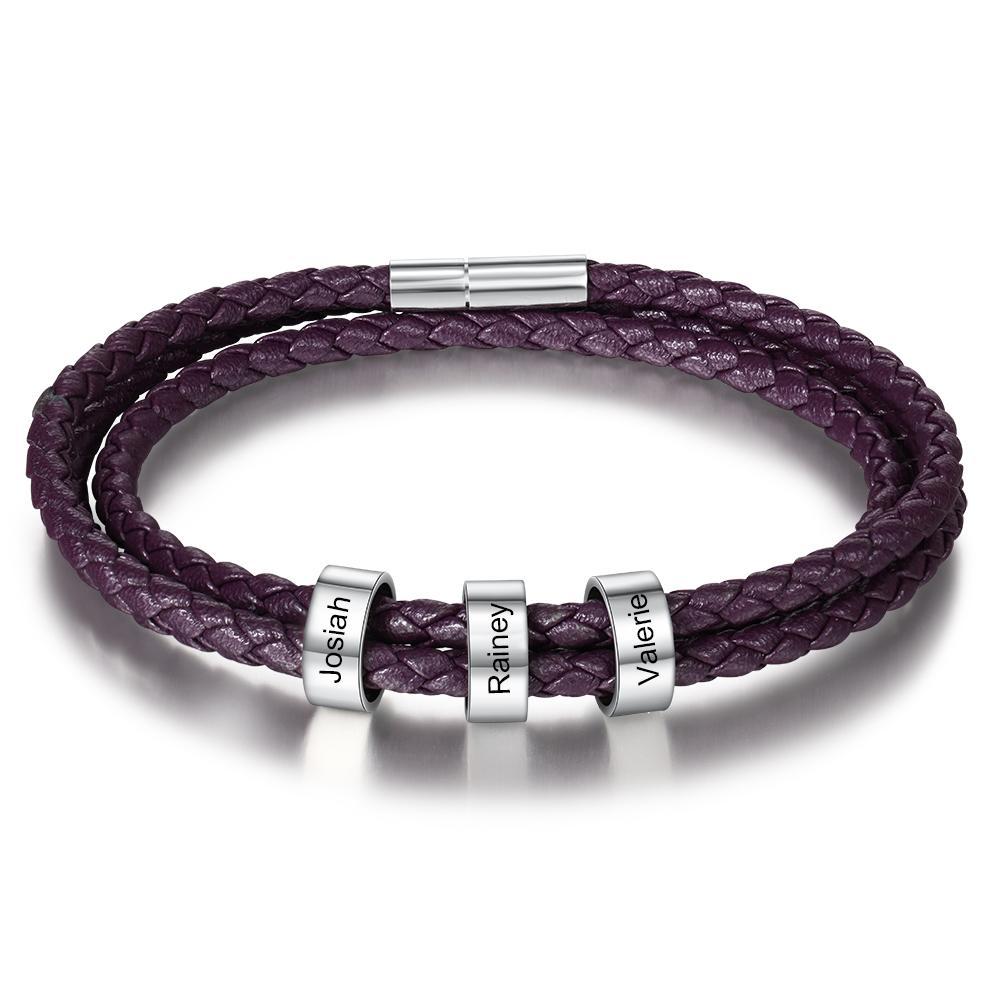 Personalised Braided Leather Bracelet for Men With Custom Engraved 2-6 Names Beads - Father's Day Gifts for Dad | Jessemade-Jessemade AU