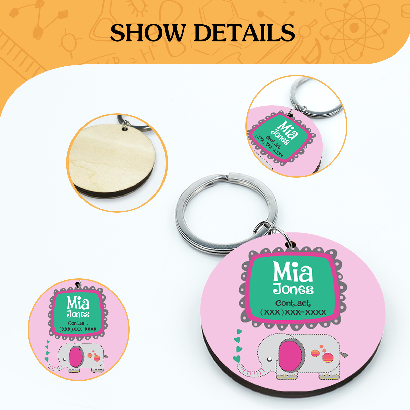 Customised Name and Phone Number Keychain Pink Elephant Back-to-School Gift for Kids-Jessemade AU