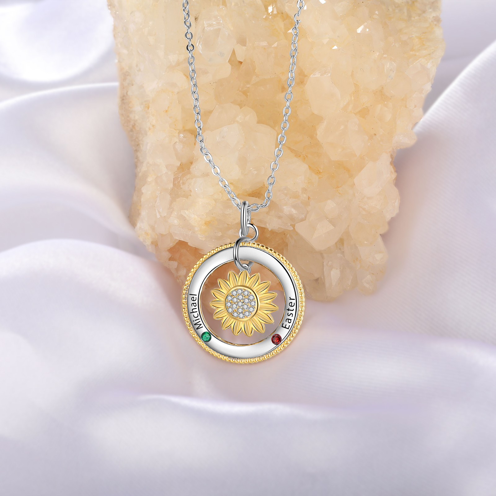 Personalised Sunflower Necklace With 2 Birthstones Engraved Names Necklace Gift For Women-Jessemade AU