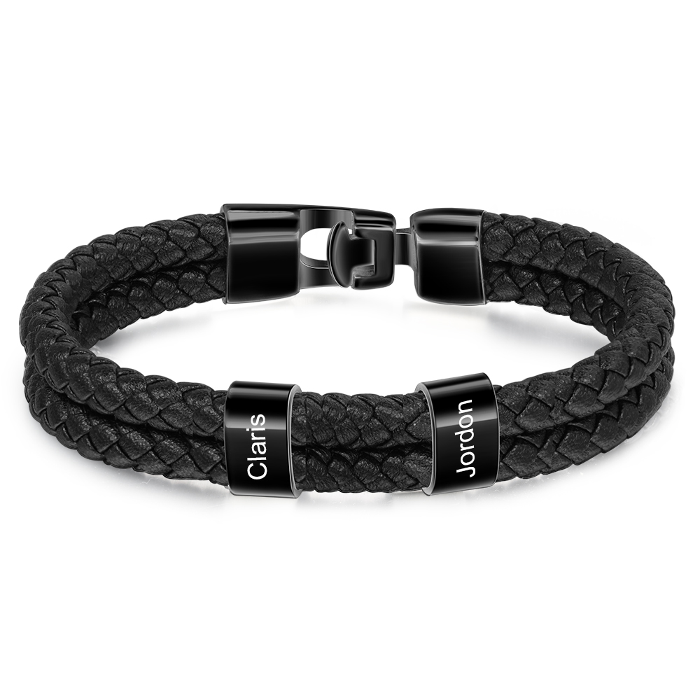 Personalised Braided Leather Bracelet Engraved 2 Names Men's Bracelet for Him