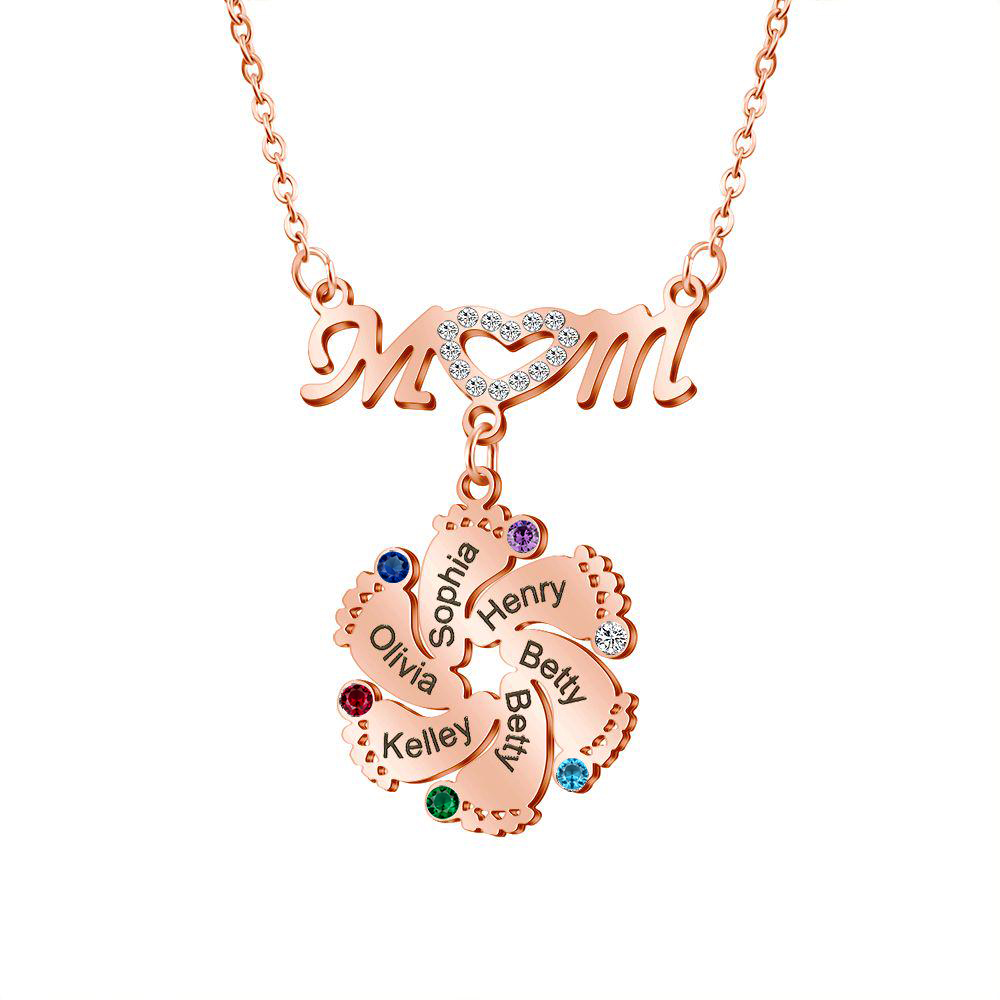 Mom Necklace Customised Baby Feet Necklace with Birthstones Engraving 6 Names Gifts for Her-Jessemade AU