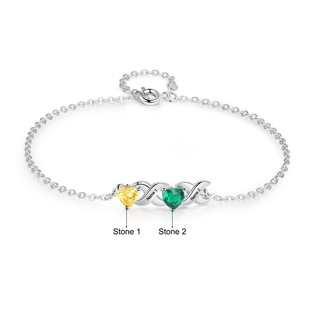 Personalised Bracelet With 2 Heart Birthstones Engraved Names Bracelet Gift For Women-Jessemade AU