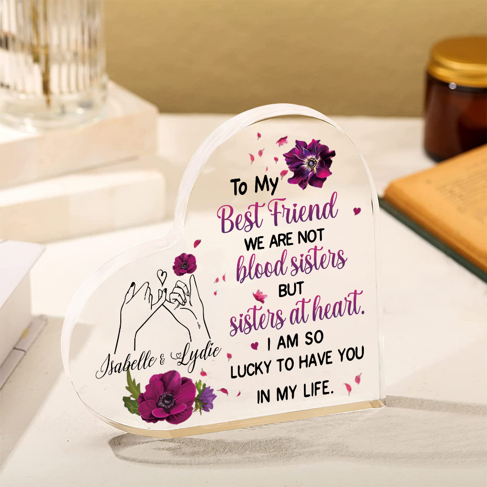 To My Best Friend Acrylic Heart Keepsake Customised 2 Names Violets Ornament "We Are Not Blood Sisters But Sisters At Heart" Gift For Her-Jessemade AU