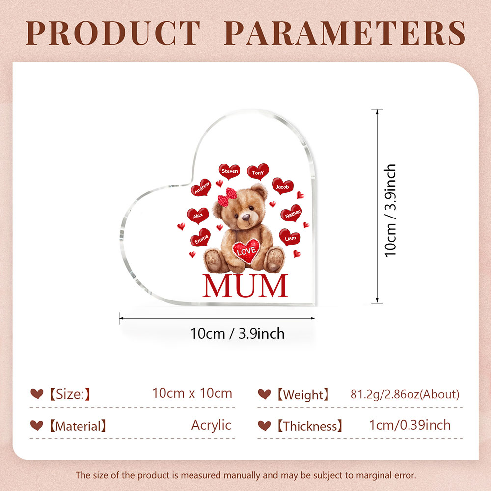 8 Names - Personalised Acrylic Heart Keepsake Custom 2 Texts Teddy Bear Ornaments Gifts for Grandma/Mother-Jessemade AU