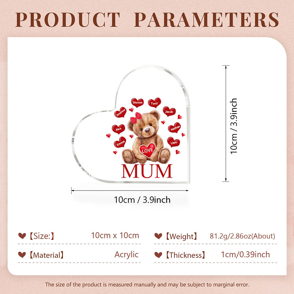 8 Names - Personalised Acrylic Heart Keepsake Custom 2 Texts Teddy Bear Ornaments Gifts for Grandma/Mother-Jessemade AU