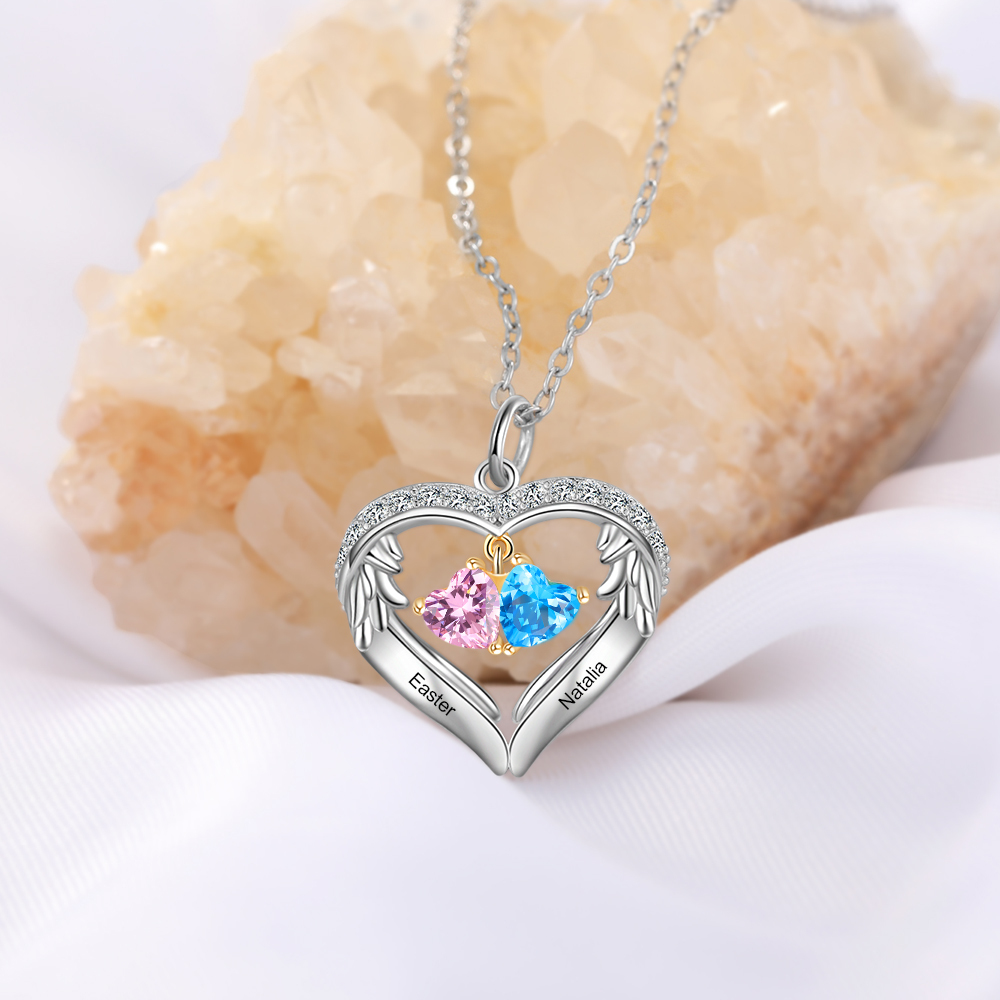 Personalised Wings Necklace With 2 Heart Birthstones Engraved Names Gift For Women-Jessemade AU