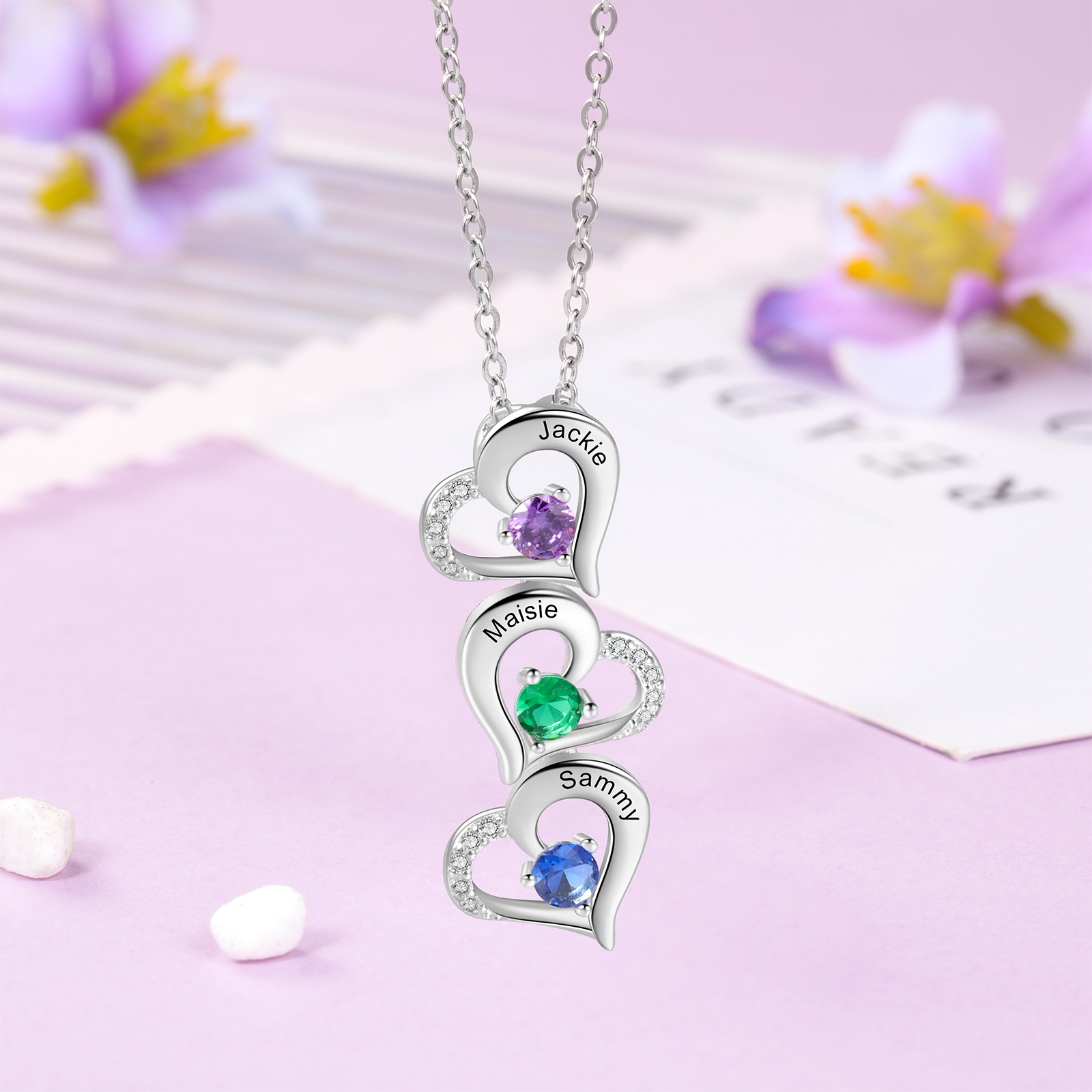 Personalised Heart Necklace With 3 Birthstones Engraved Names Gift For Her-Jessemade AU