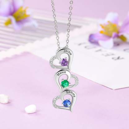 Personalised Heart Necklace With 3 Birthstones Engraved Names Gift For Her-Jessemade AU