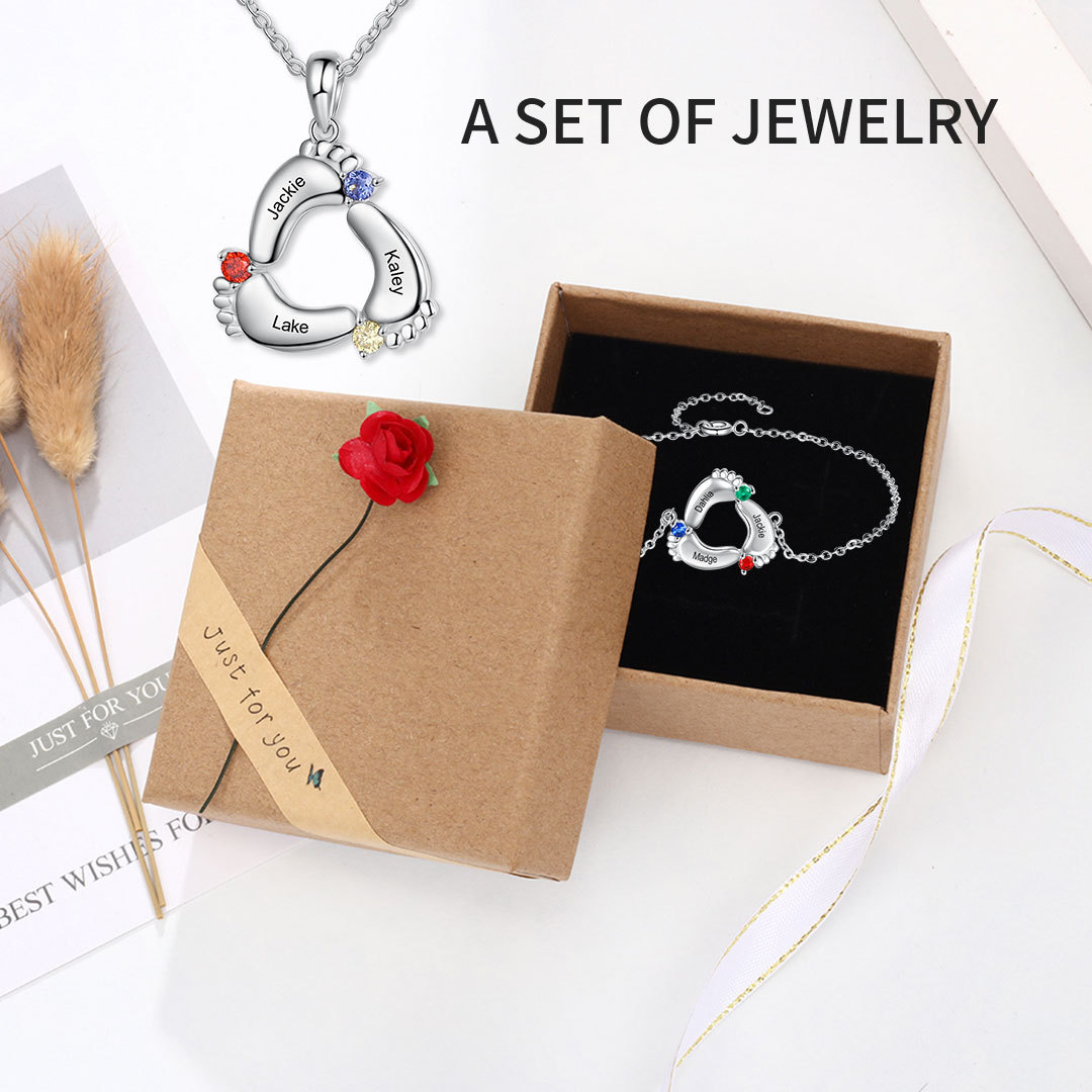 Personalised Baby Foot Bracelet With 3 Birthstones Engraved Names Gift For Mother-Jessemade AU