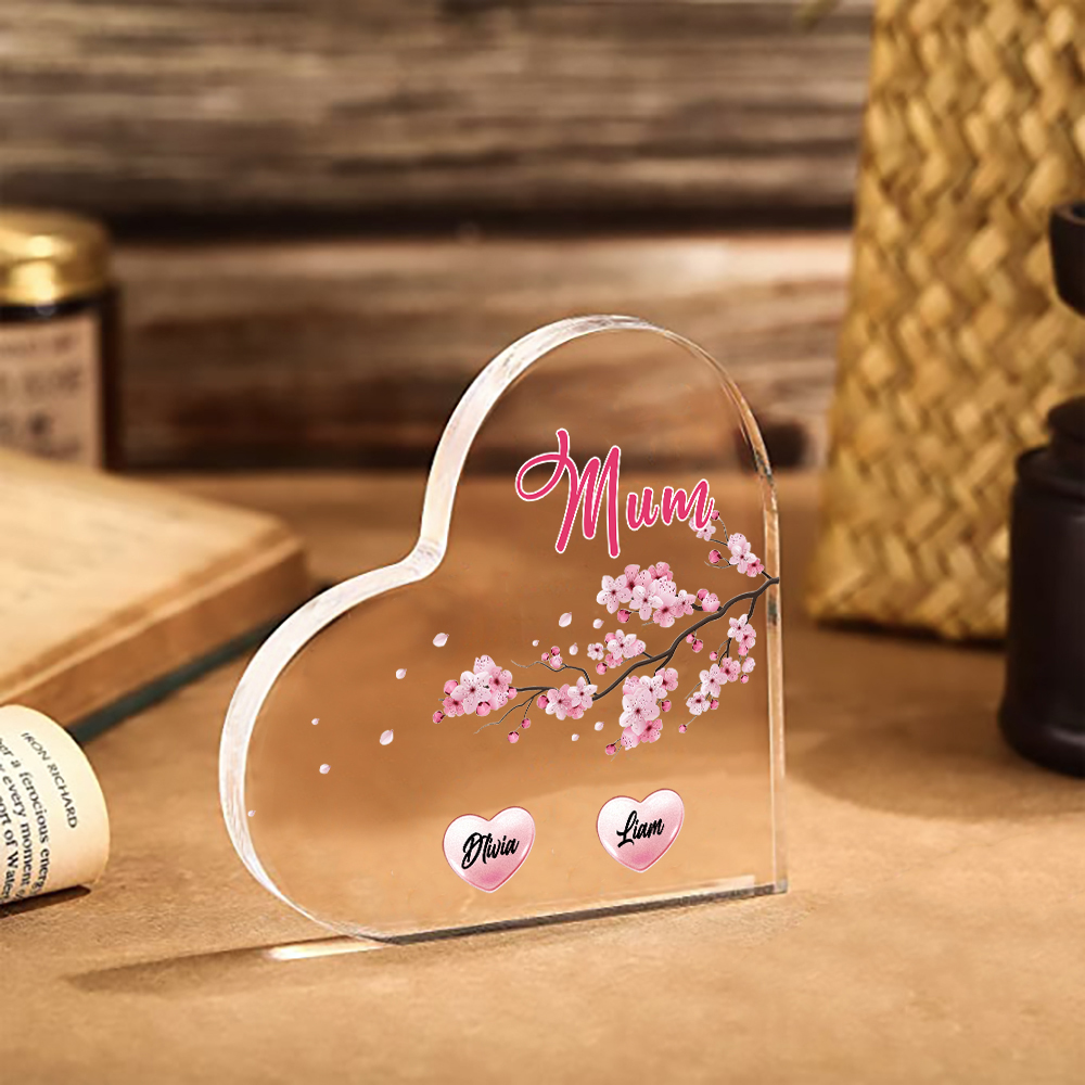 2 Names - Personalised Acrylic Heart Keepsake Custom Text Peach Blossom Ornaments Gifts for Grandma/Mother-Jessemade AU