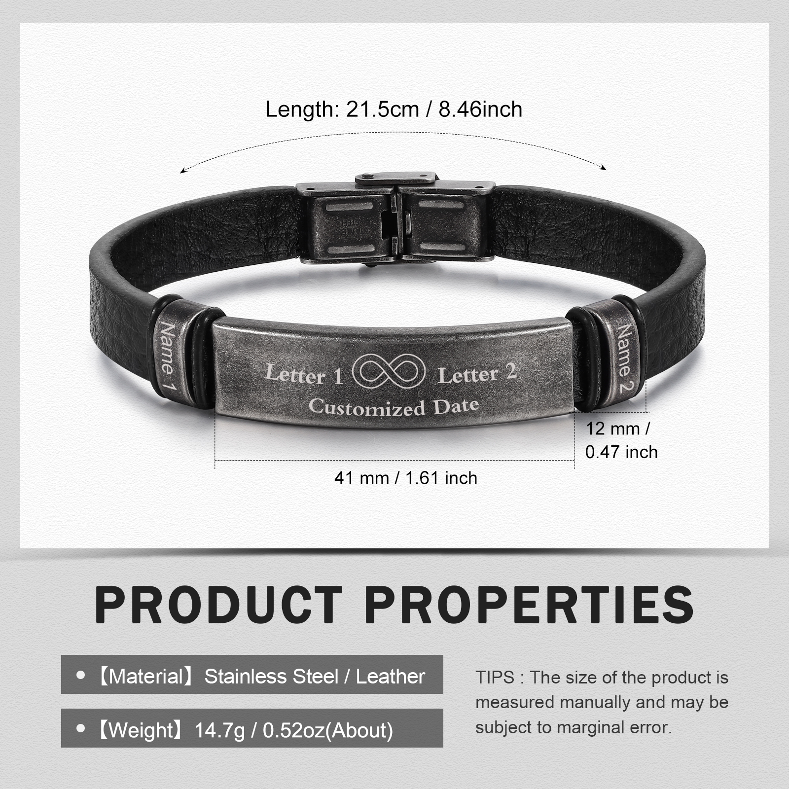 Personalised Men's Leather Bracelets Custom 2 Names 2 Letters Eternity Bracelet Black Gift for Him-Jessemade AU