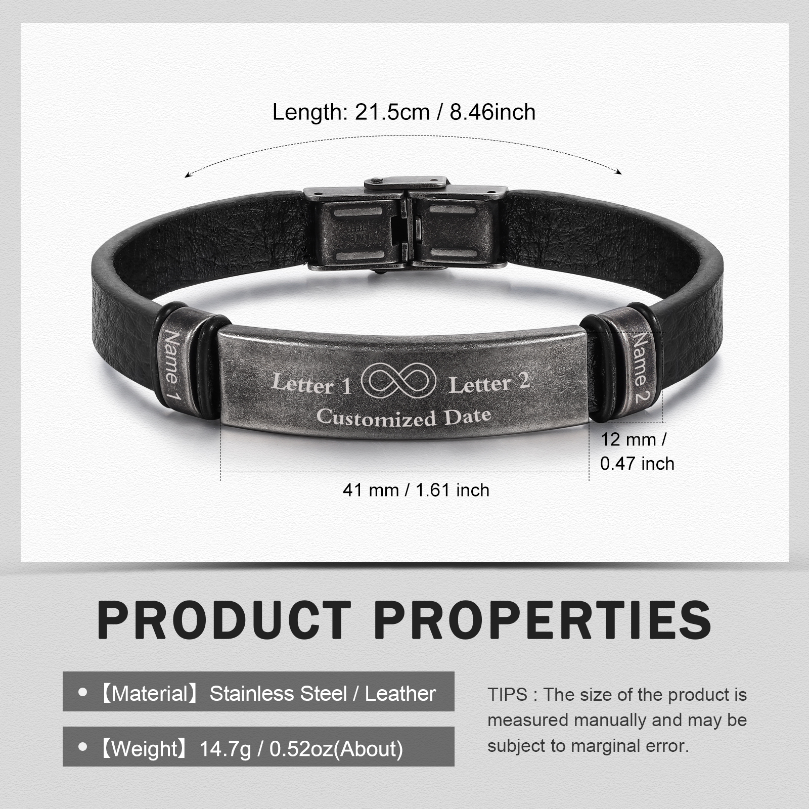 Personalised Men's Leather Bracelets Custom 2 Names 2 Letters Eternity Bracelet Black Gift for Him-Jessemade AU