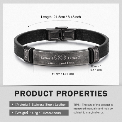 Personalised Men's Leather Bracelets Custom 2 Names 2 Letters Eternity Bracelet Black Gift for Him-Jessemade AU