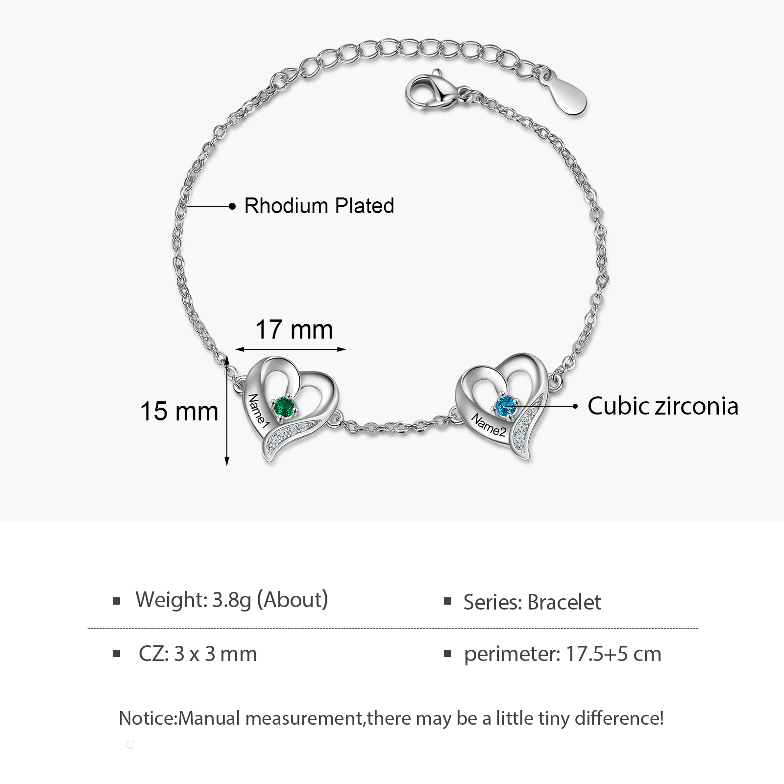 Personalised Heart Bracelet With 2 Birthstones Engraved Names Necklace For Her-Jessemade AU