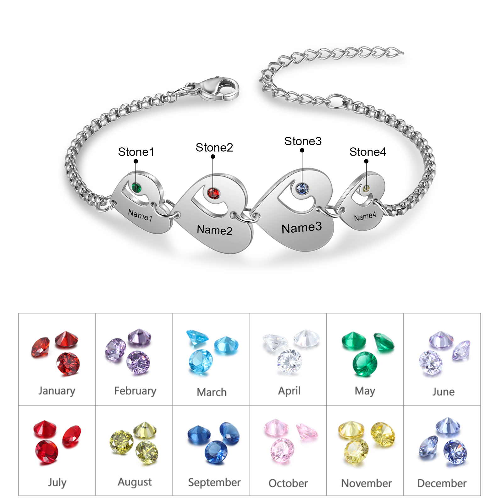 4 Names - Personalised Heart Bracelet Custom Names & Birthstones Family Bracelet Gifts for Her-Jessemade AU