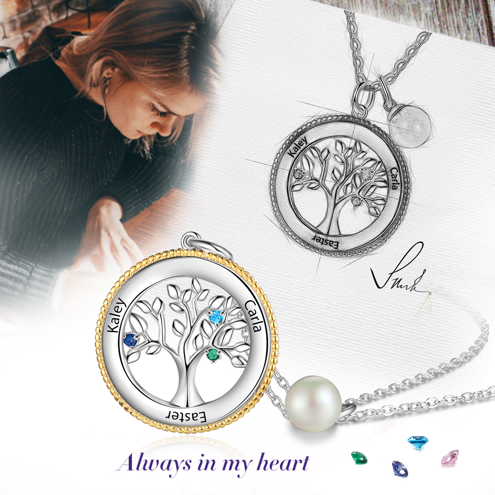 Personalised Family Tree Necklace With 3 Birthstones Engraved Names Necklace Gift For Women-Jessemade AU