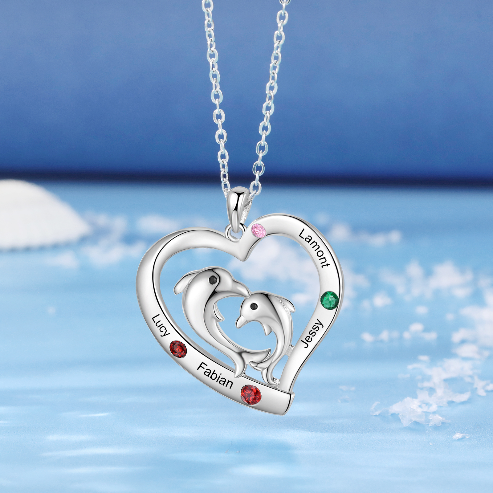 Personalised Heart Dolphin Pendant Necklace Custom 4 Birthstones Engraved 4 Names Necklace Gift for Her-Jessemade AU