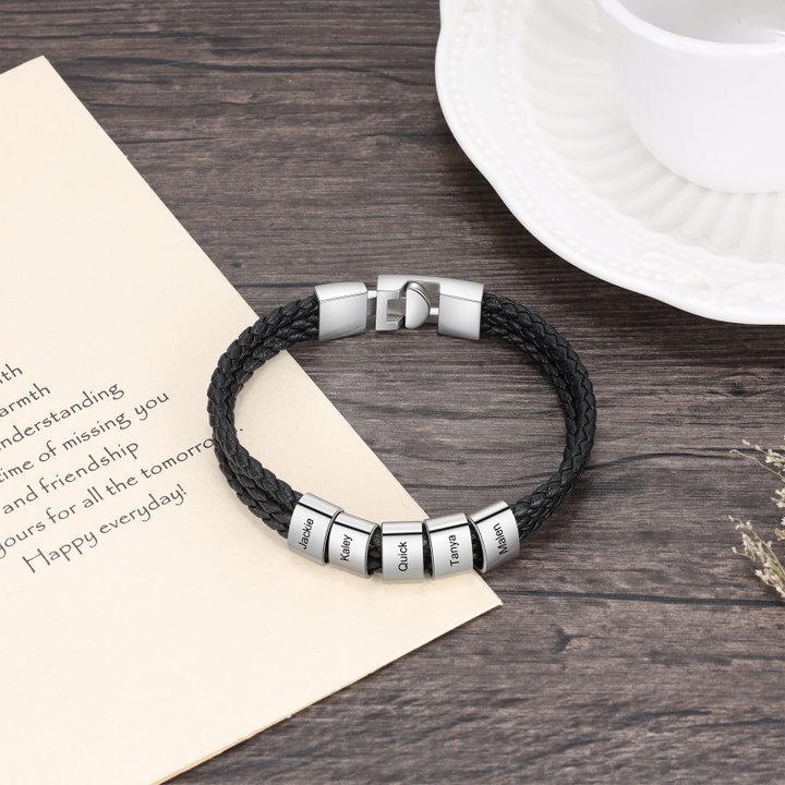 Personalised Braided Leather Bracelet Engraved 5 Names Men's Bracelet Gifts For Him-Jessemade AU