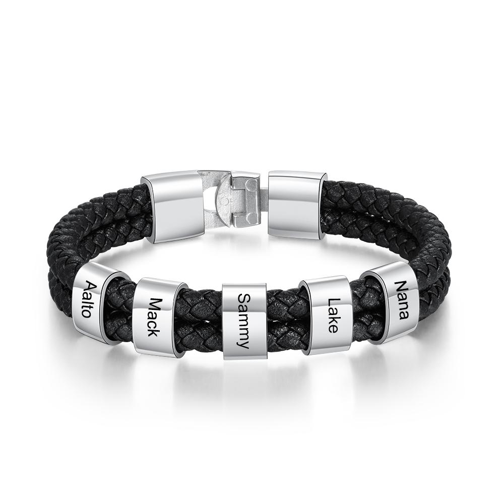 Customised Braided Leather Bracelet Engraved 5 Names Men's Bracelet Gifts For Him