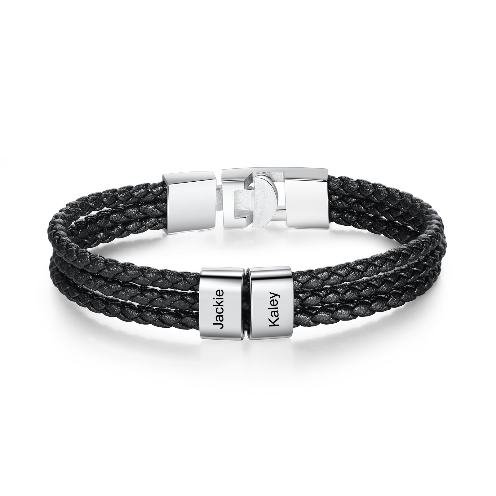 Personalised Braided Leather Bracelet Engraved 2 Names Men's Bracelet Gifts For Him-Jessemade AU